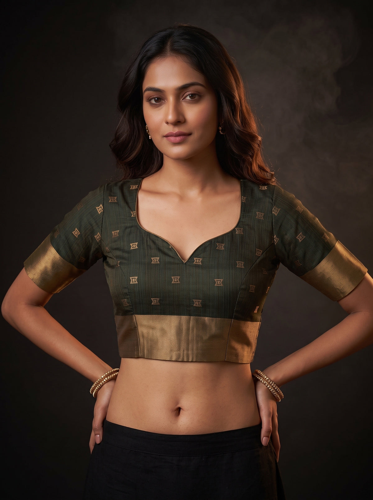 MIMOSA Parrot Green Banarasi Cotton Saree — blouse close-up