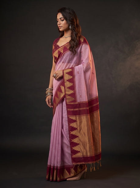 MIMOSA Pink Banarasi Cotton Saree — Saree shot pallu and body