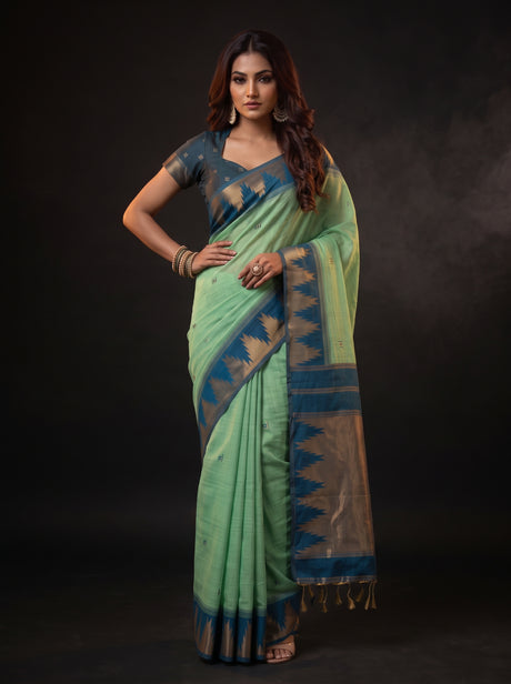 MIMOSA Rama Banarasi Cotton Saree — AI Model lifestyle pose