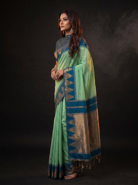 MIMOSA Rama Banarasi Cotton Saree — Saree shot pallu and body