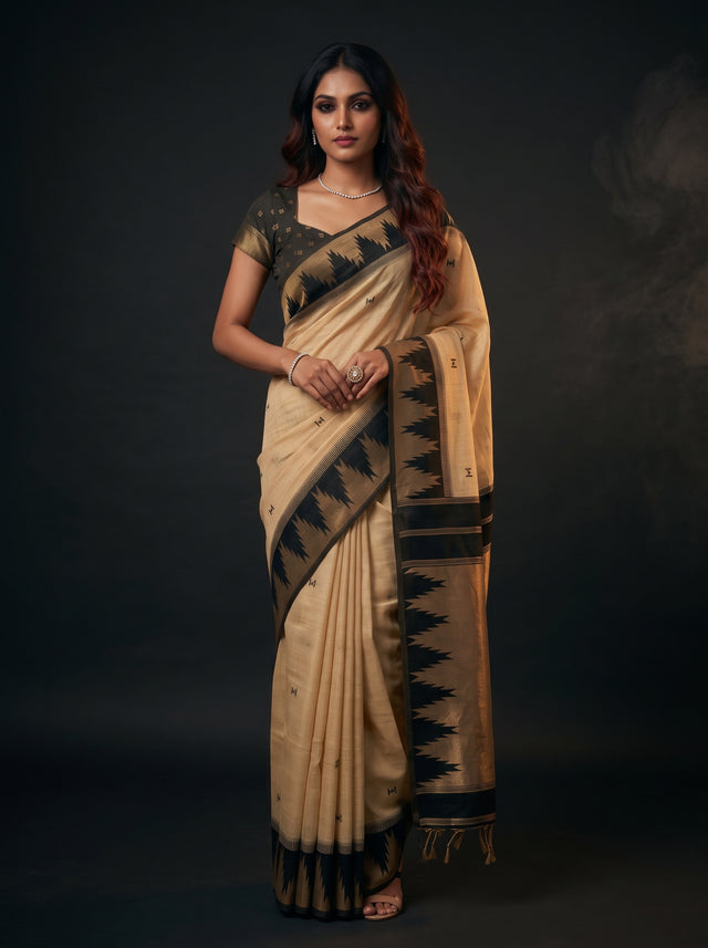 MIMOSA Tussar Banarasi Cotton Saree — AI Model lifestyle pose