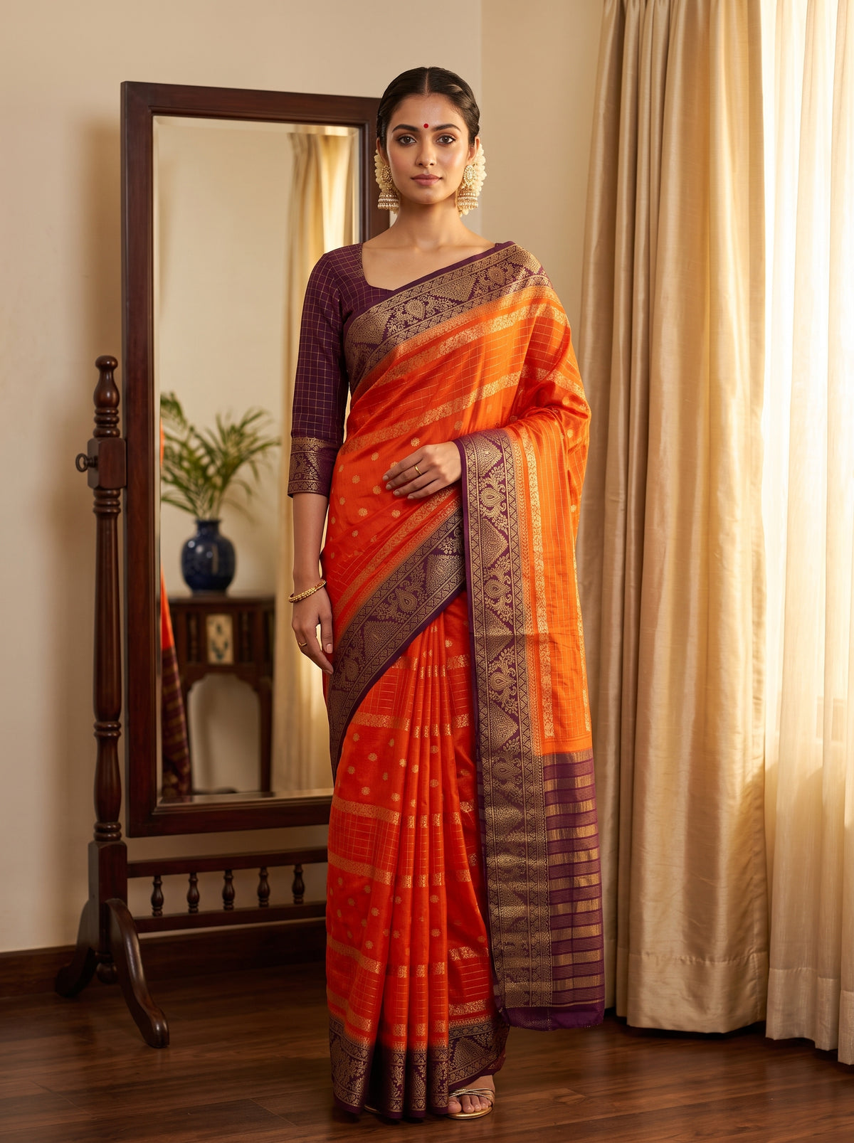 MIMOSA Orange Mysore Silk Crepe Saree — AI Model lifestyle pose