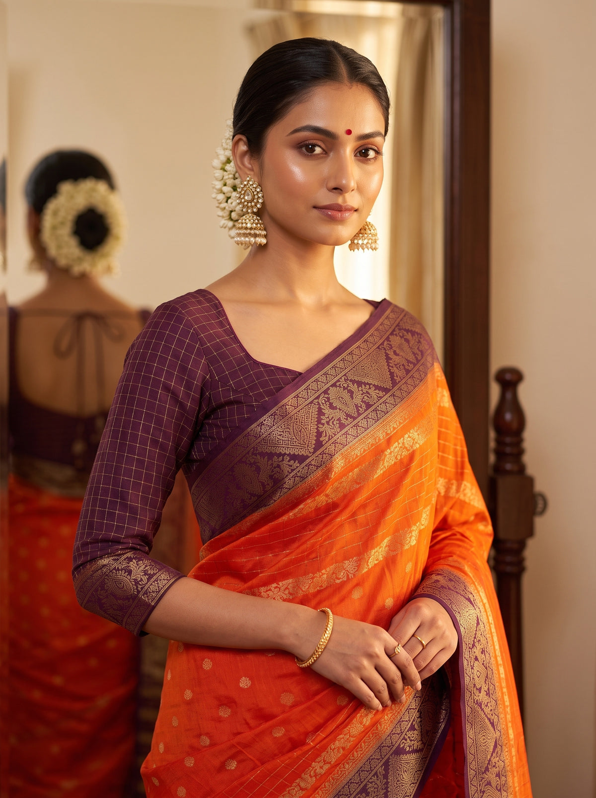 MIMOSA Orange Mysore Silk Crepe Saree — pose 10 styling detail