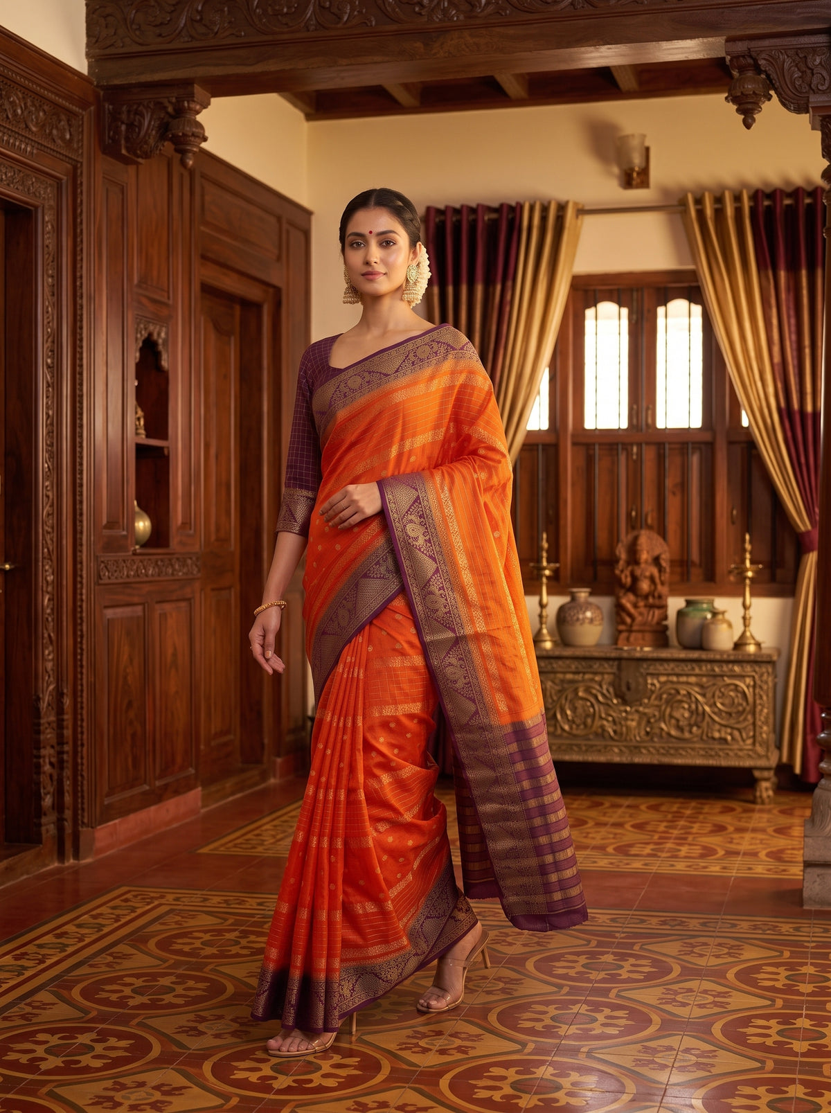 MIMOSA Orange Mysore Silk Crepe Saree — pose 6 styling detail