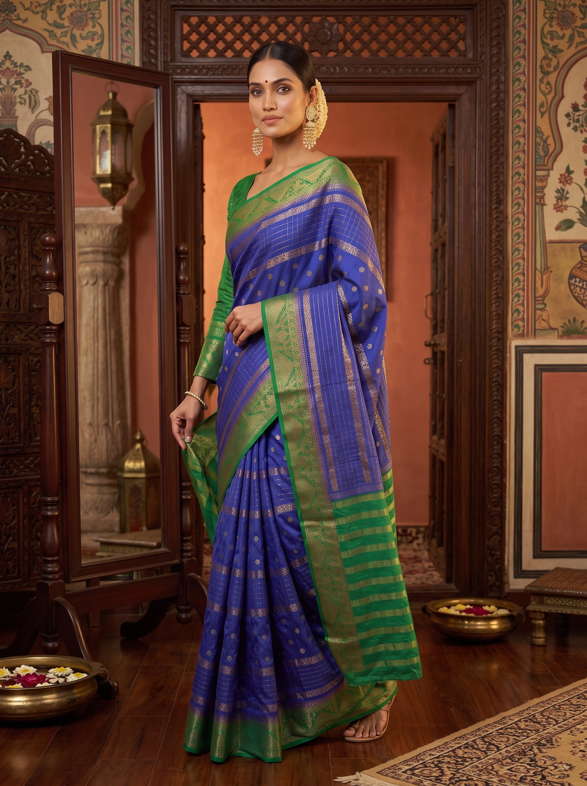 MIMOSA Royal Blue Mysore Silk Crepe Saree — pose 5 styling detail