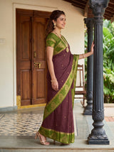 MIMOSA Chocolate Mysore Silk Crepe Saree — Model smiling showing jewellery