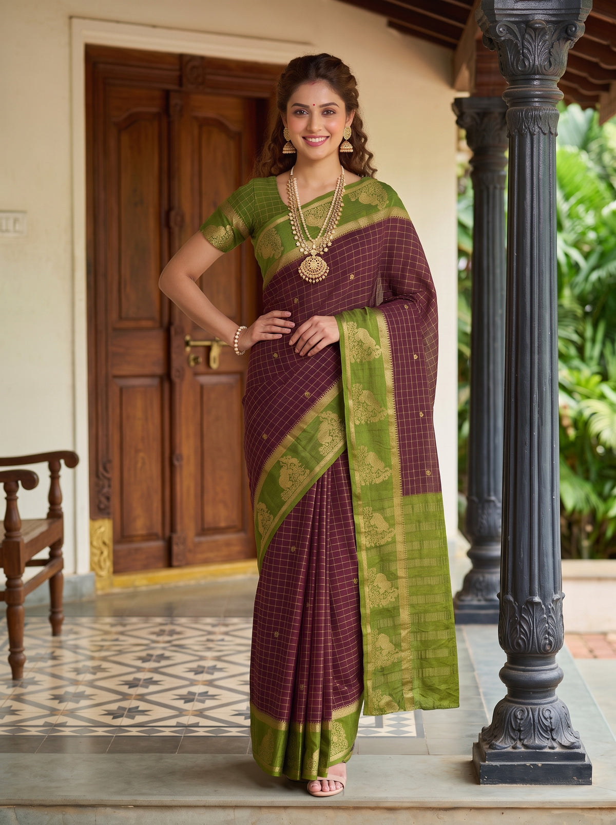 MIMOSA Chocolate Mysore Silk Crepe Saree — Model showing saree details