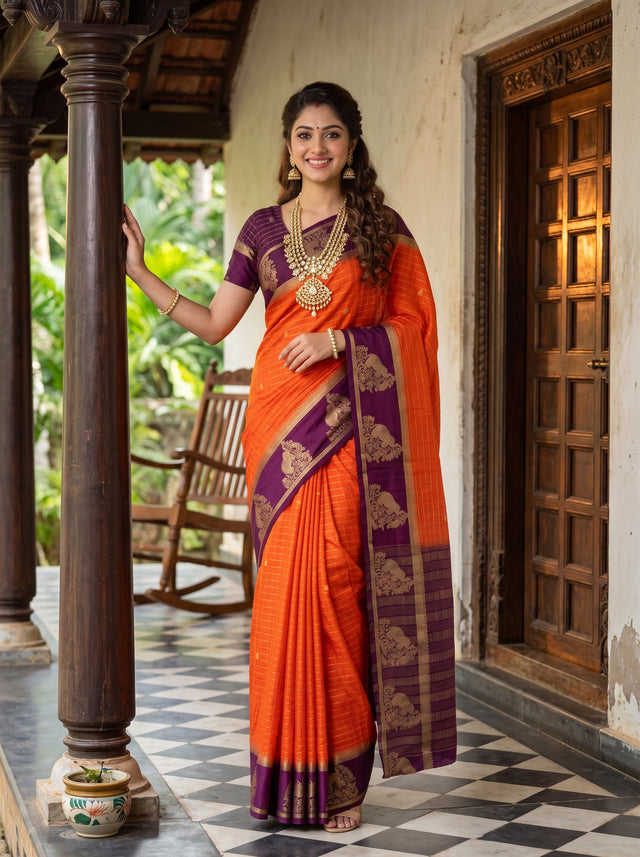 MIMOSA Orange Mysore Silk Crepe Saree — Model draped in traditional pose