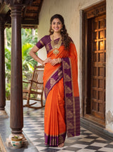MIMOSA Orange Mysore Silk Crepe Saree — Model showing blouse details