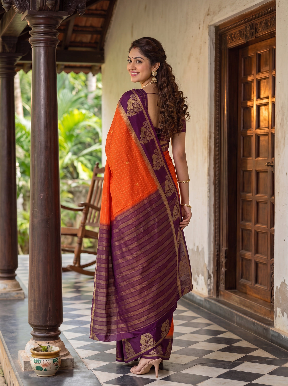 MIMOSA Orange Mysore Silk Crepe Saree — Model showing lower drape