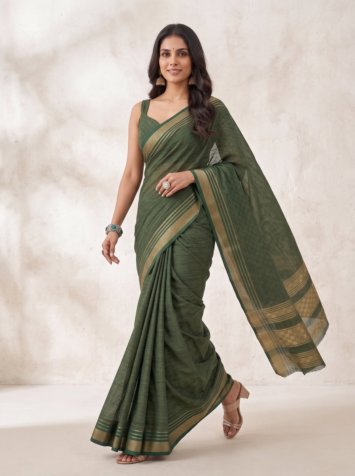 MIMOSA Bottle Green Mysore Silk Crepe Saree — pose 6 styling detail