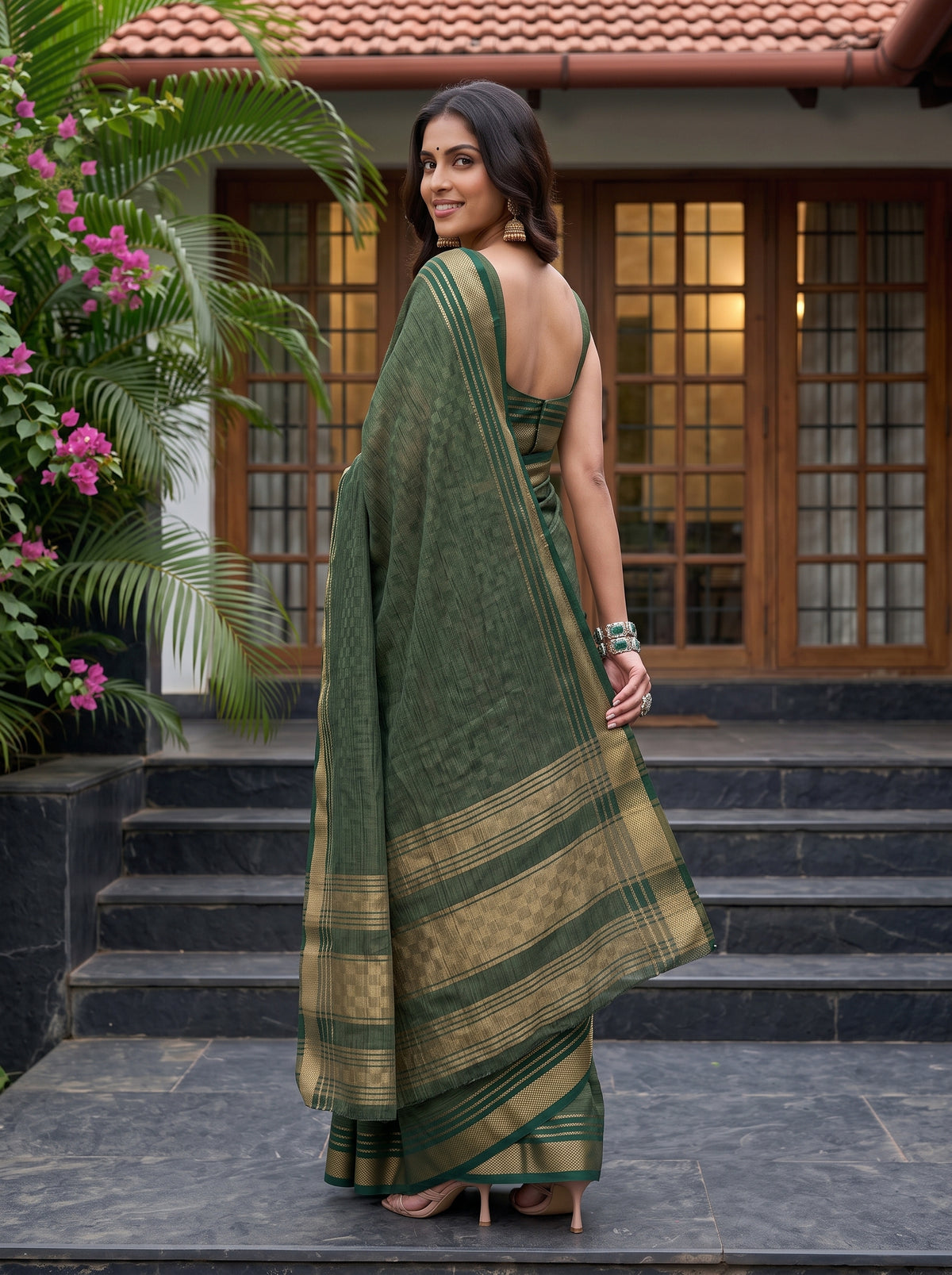 MIMOSA Bottle Green Mysore Silk Crepe Saree — pose 7 styling detail