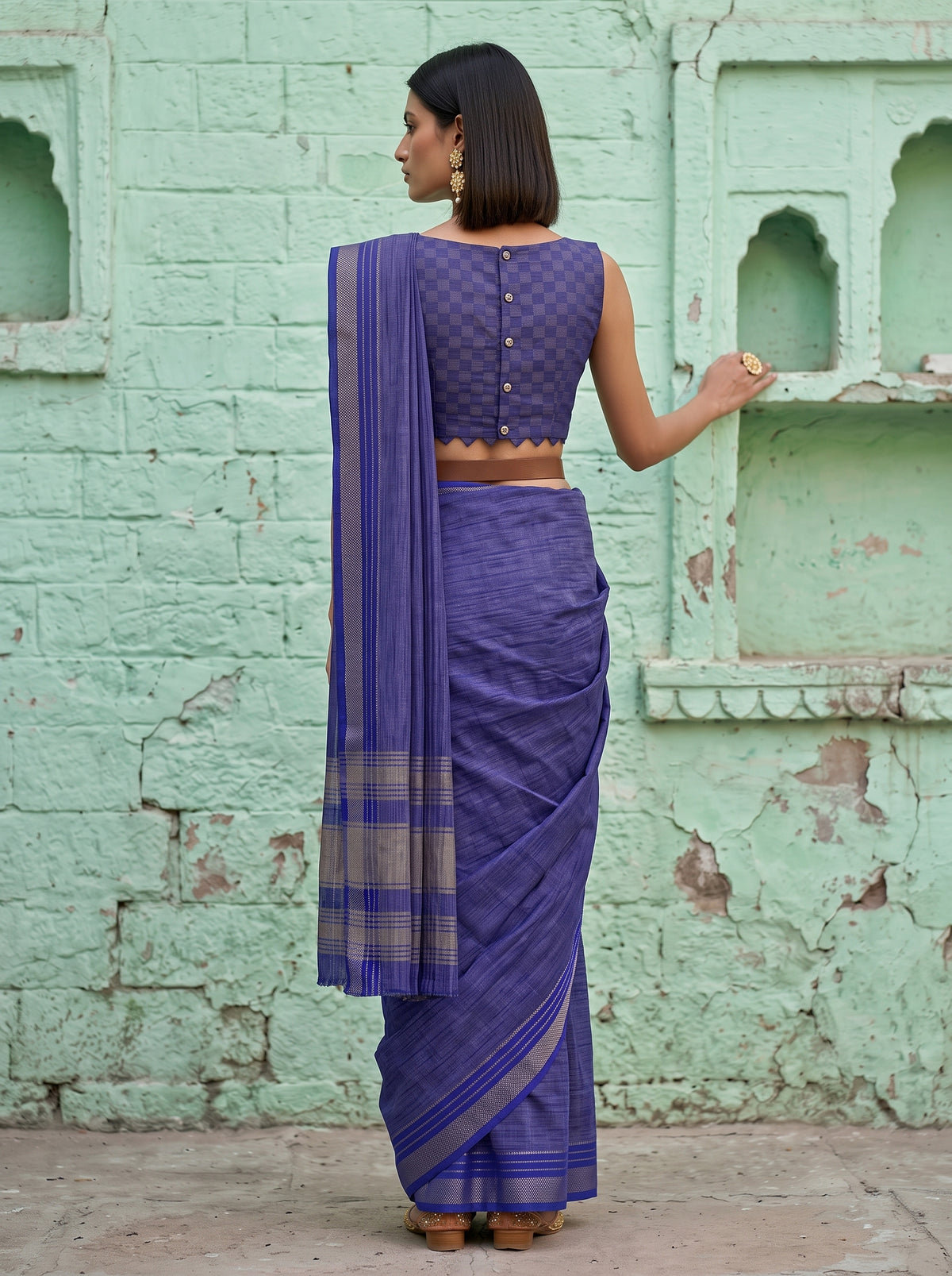 MIMOSA Royal Blue Mysore Silk Crepe Saree — Saree shot with pallu and body detail