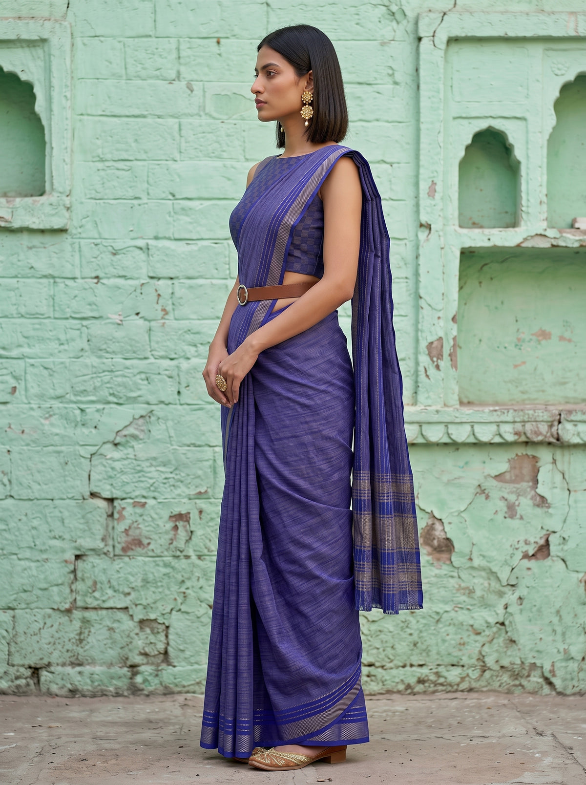 MIMOSA Royal Blue Mysore Silk Crepe Saree — pose 3 styling detail