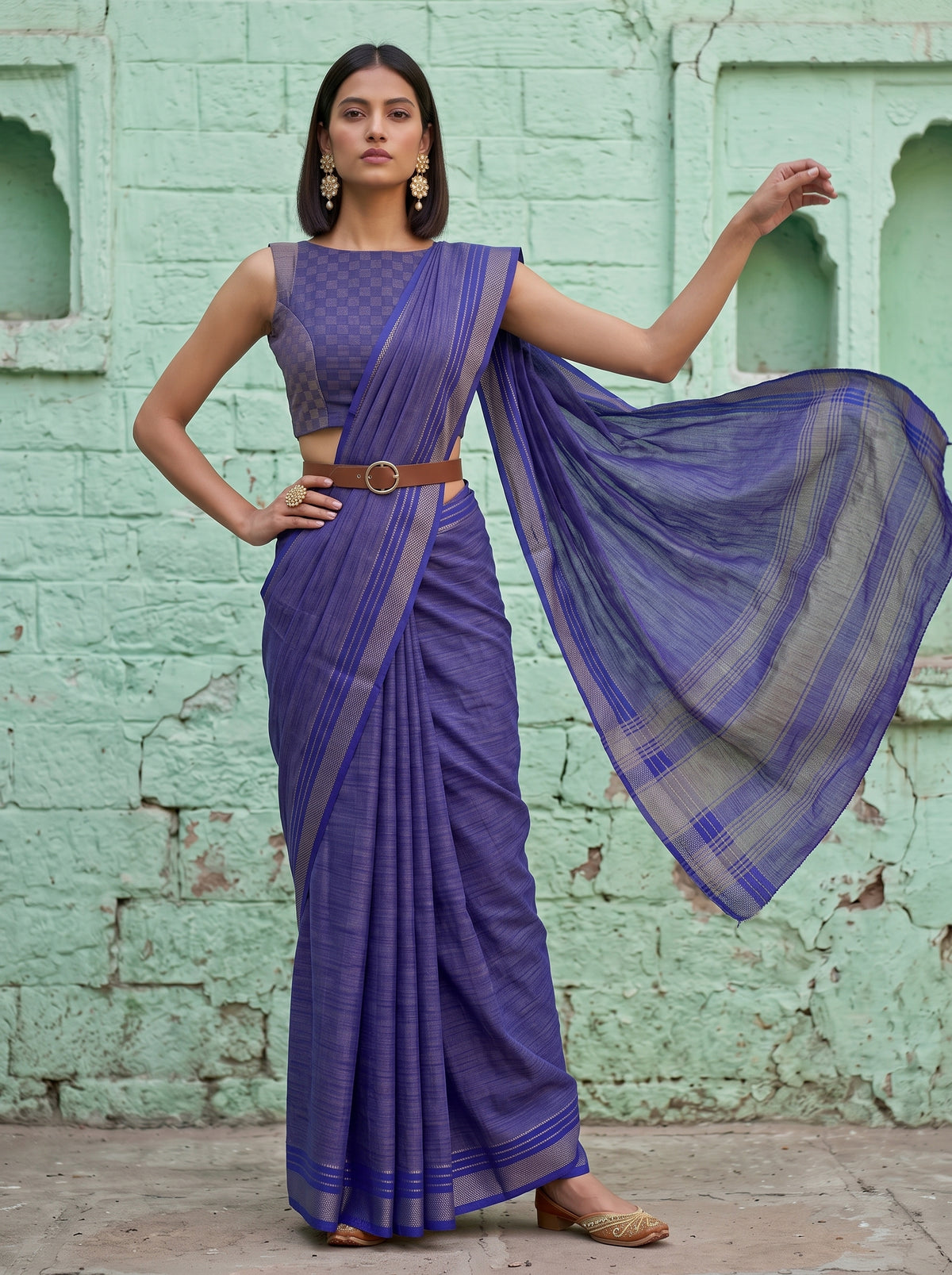 MIMOSA Royal Blue Mysore Silk Crepe Saree — pose 4 styling detail