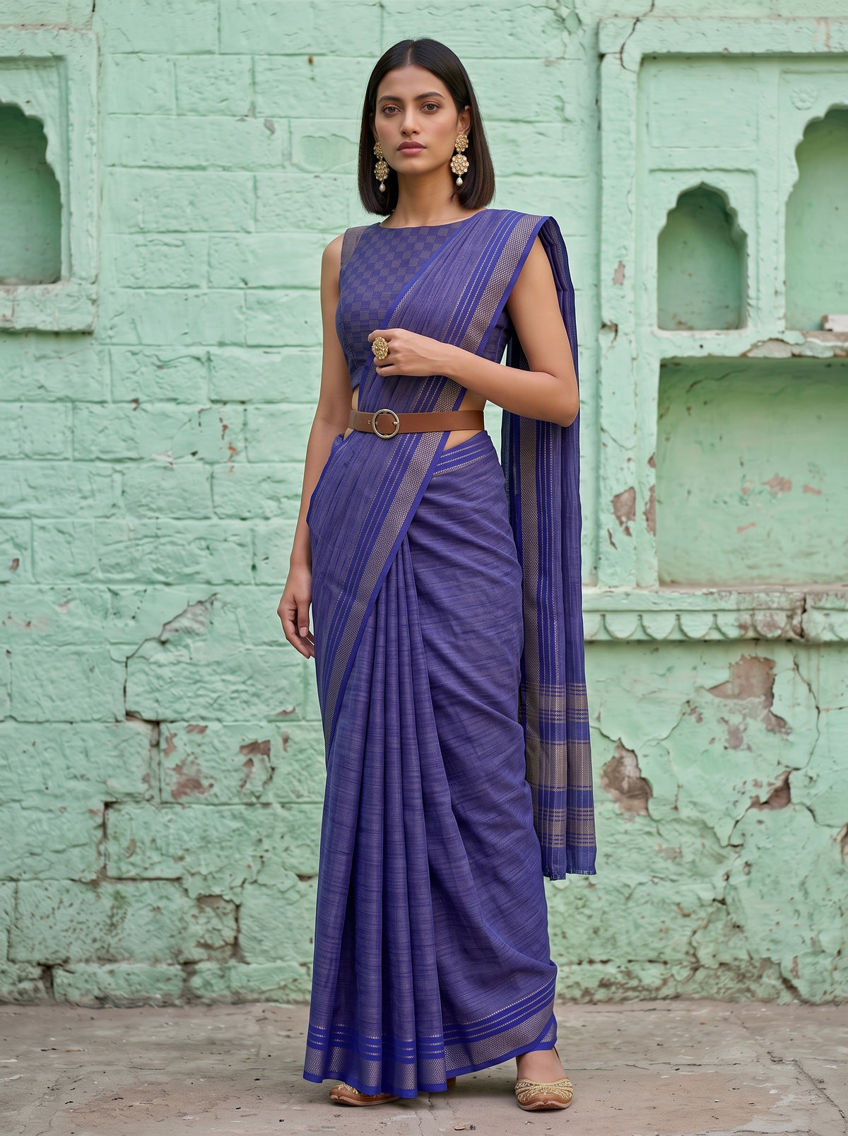 MIMOSA Royal Blue Mysore Silk Crepe Saree — pose 5 styling detail