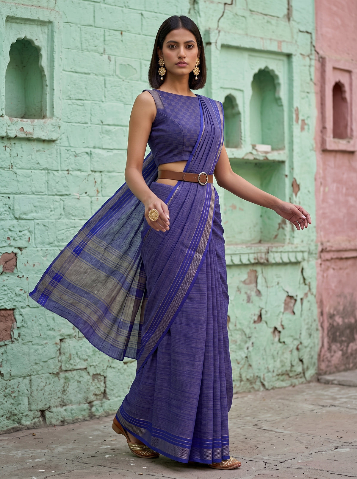 MIMOSA Royal Blue Mysore Silk Crepe Saree — pose 9 styling detail