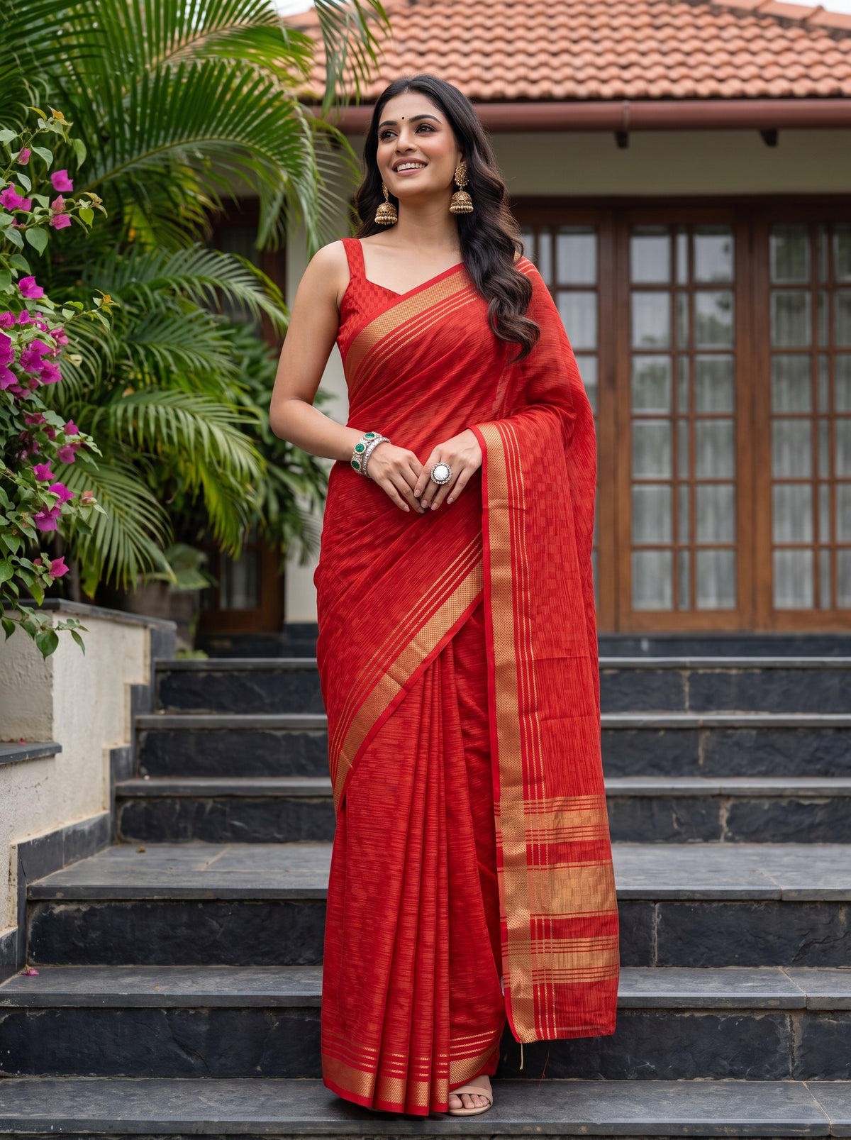 MIMOSA Red Mysore Silk Crepe Saree — Model lifestyle pose