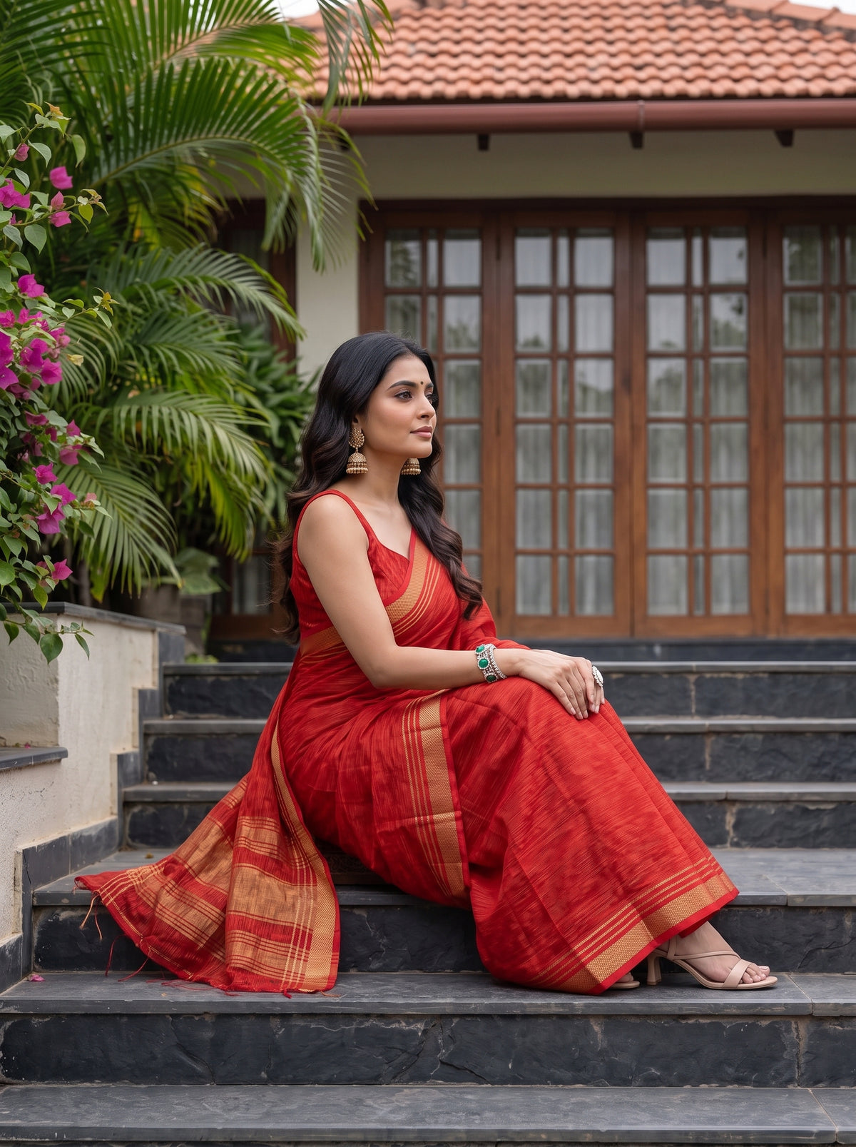 MIMOSA Red Mysore Silk Crepe Saree — pose 3 styling detail