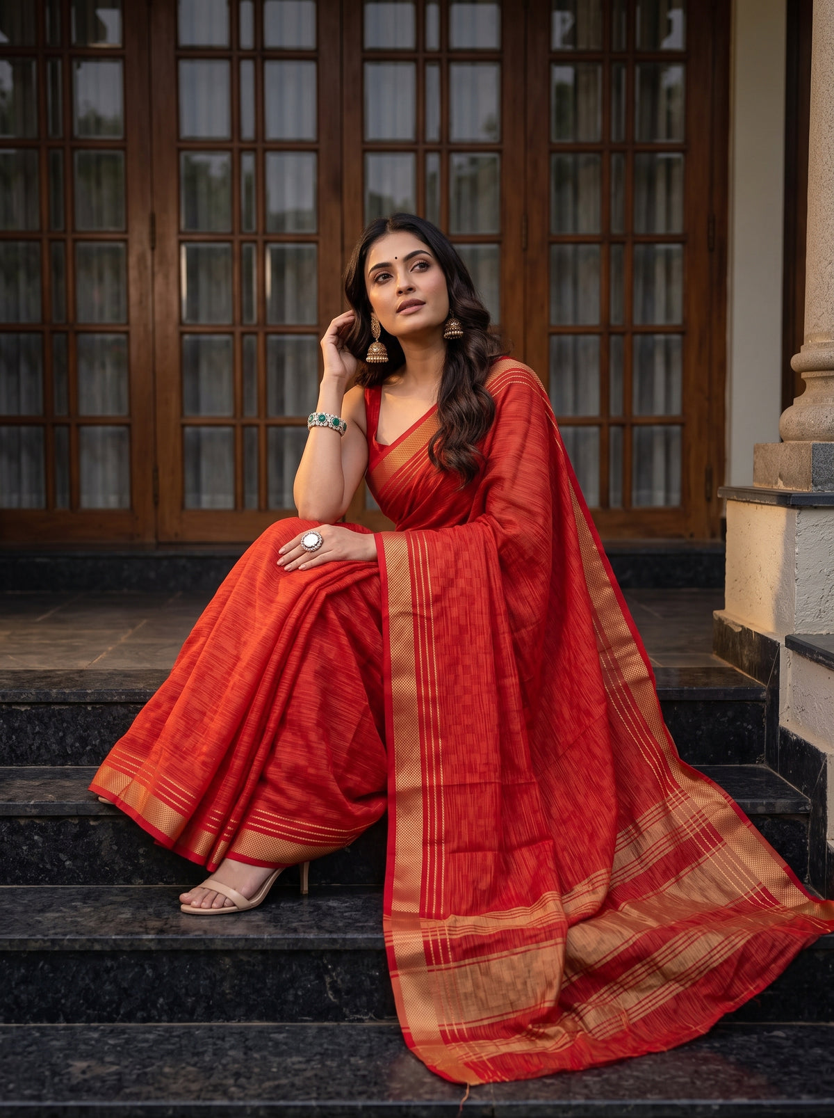 MIMOSA Red Mysore Silk Crepe Saree — pose 8 styling detail