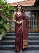 MIMOSA Wine Mysore Silk Crepe Saree — Model lifestyle pose