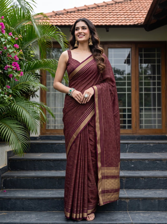 MIMOSA Wine Mysore Silk Crepe Saree — Model lifestyle pose