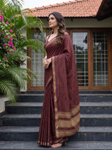 MIMOSA Wine Mysore Silk Crepe Saree — pose 3 styling detail