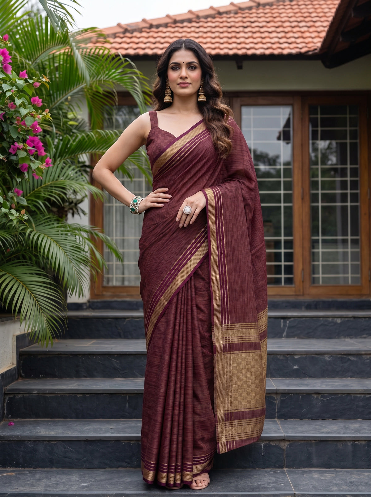 MIMOSA Wine Mysore Silk Crepe Saree — pose 4 styling detail