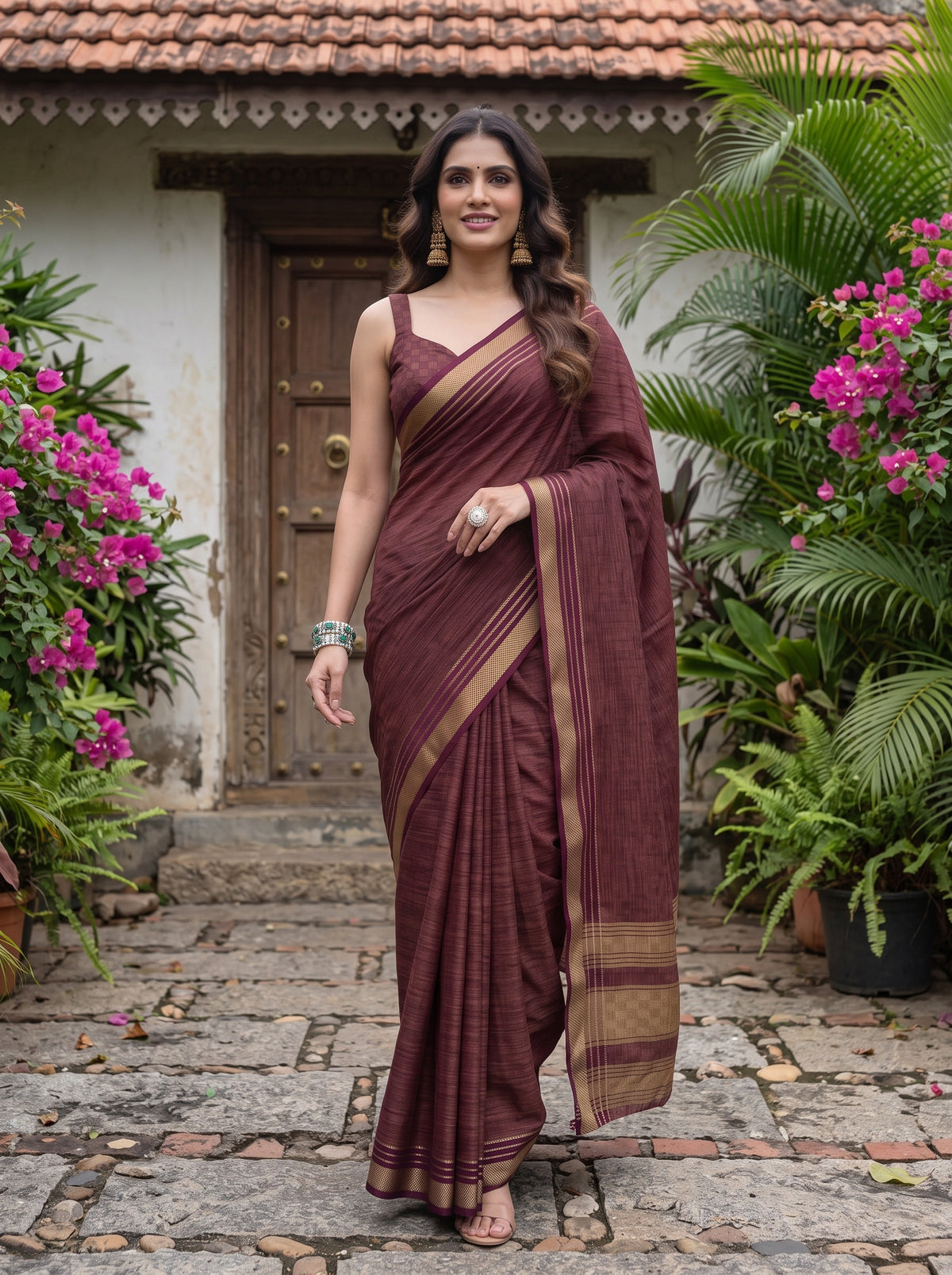 MIMOSA Wine Mysore Silk Crepe Saree — pose 6 styling detail