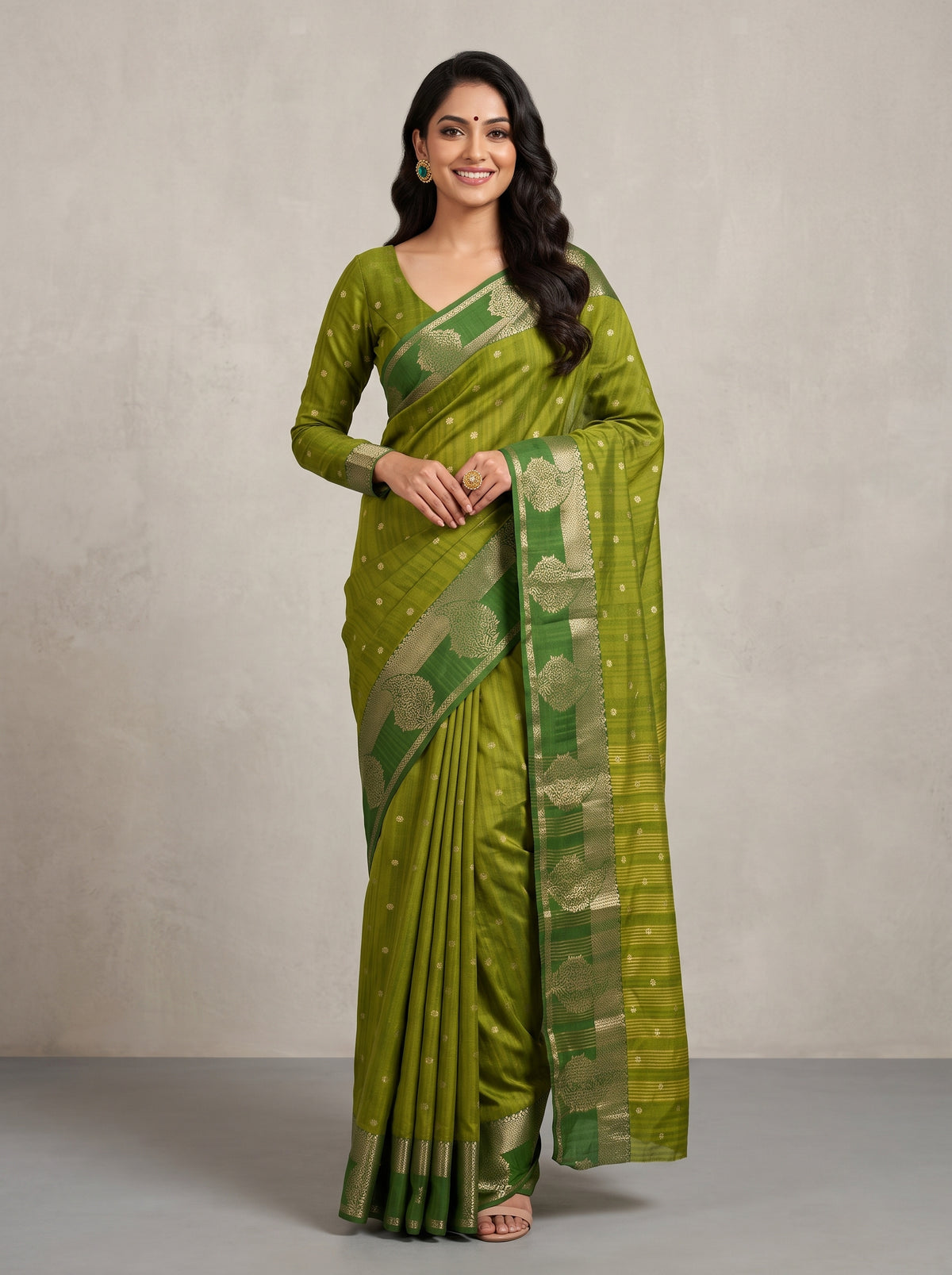 MIMOSA Olive Banarasi Saree — front view on mannequin