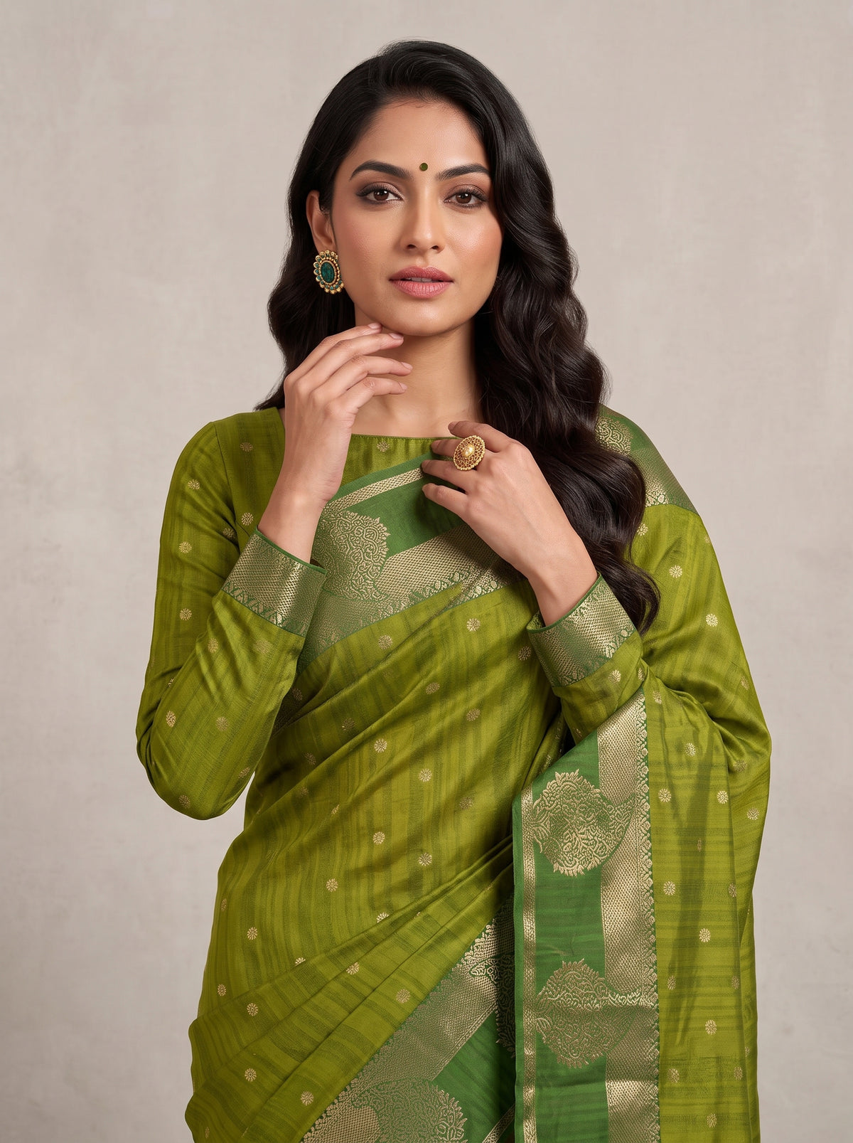 MIMOSA Olive Banarasi Saree — pose 10 styling detail