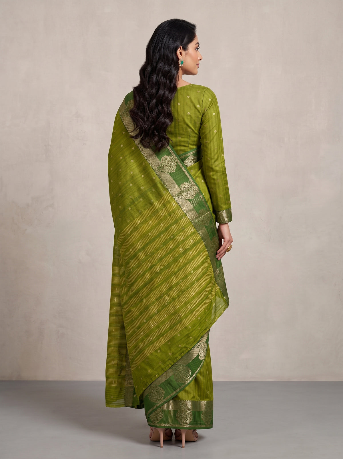 MIMOSA Olive Banarasi Saree — pose 2 styling detail