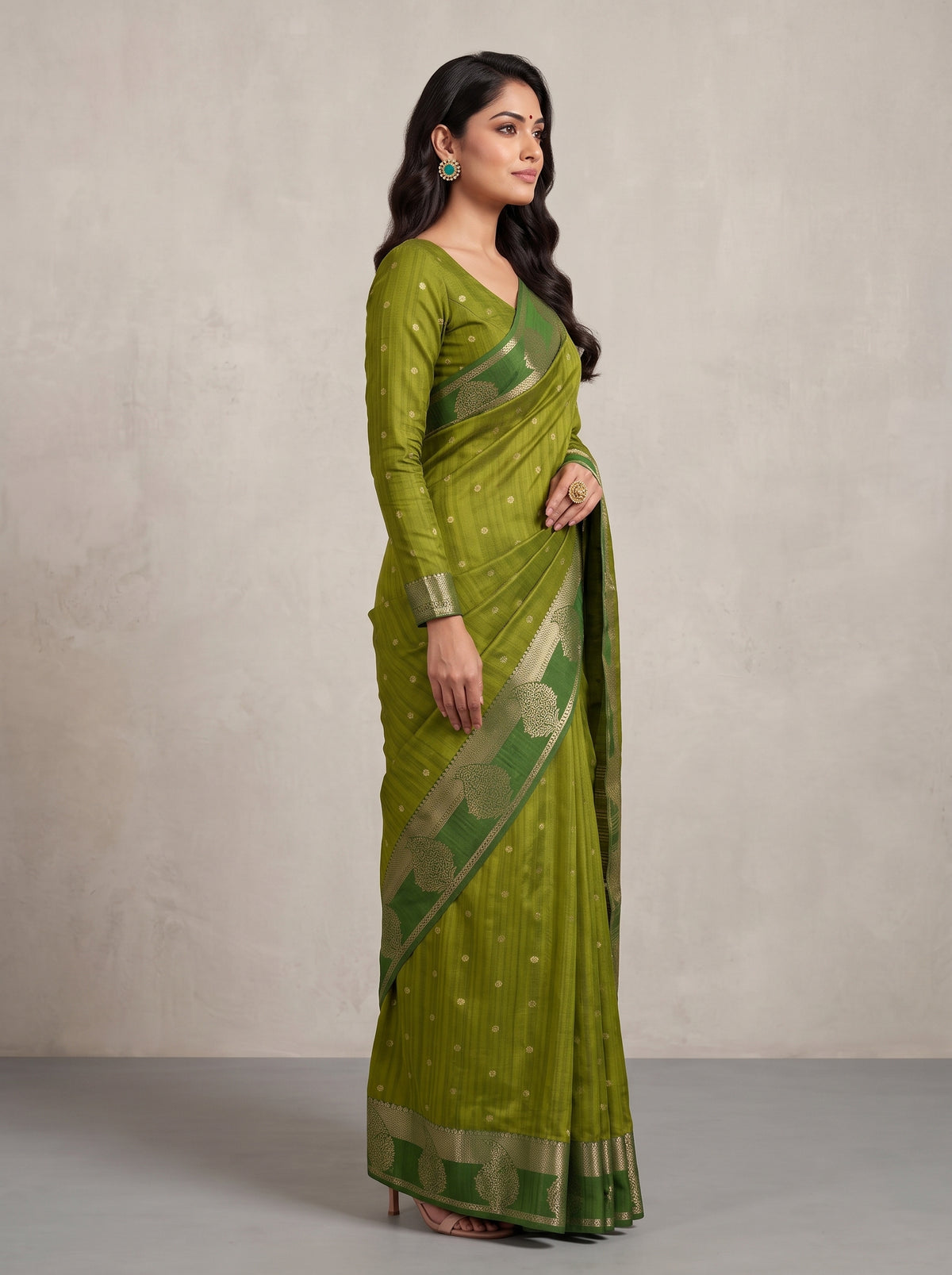MIMOSA Olive Banarasi Saree — pose 3 styling detail