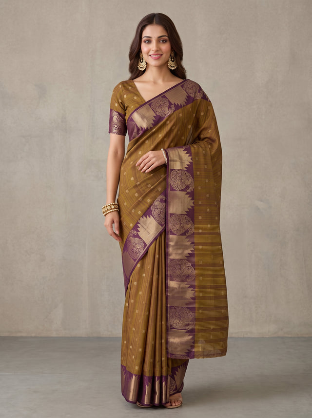 MIMOSA Jamun Banarasi Raw Silk Saree — Model lifestyle pose