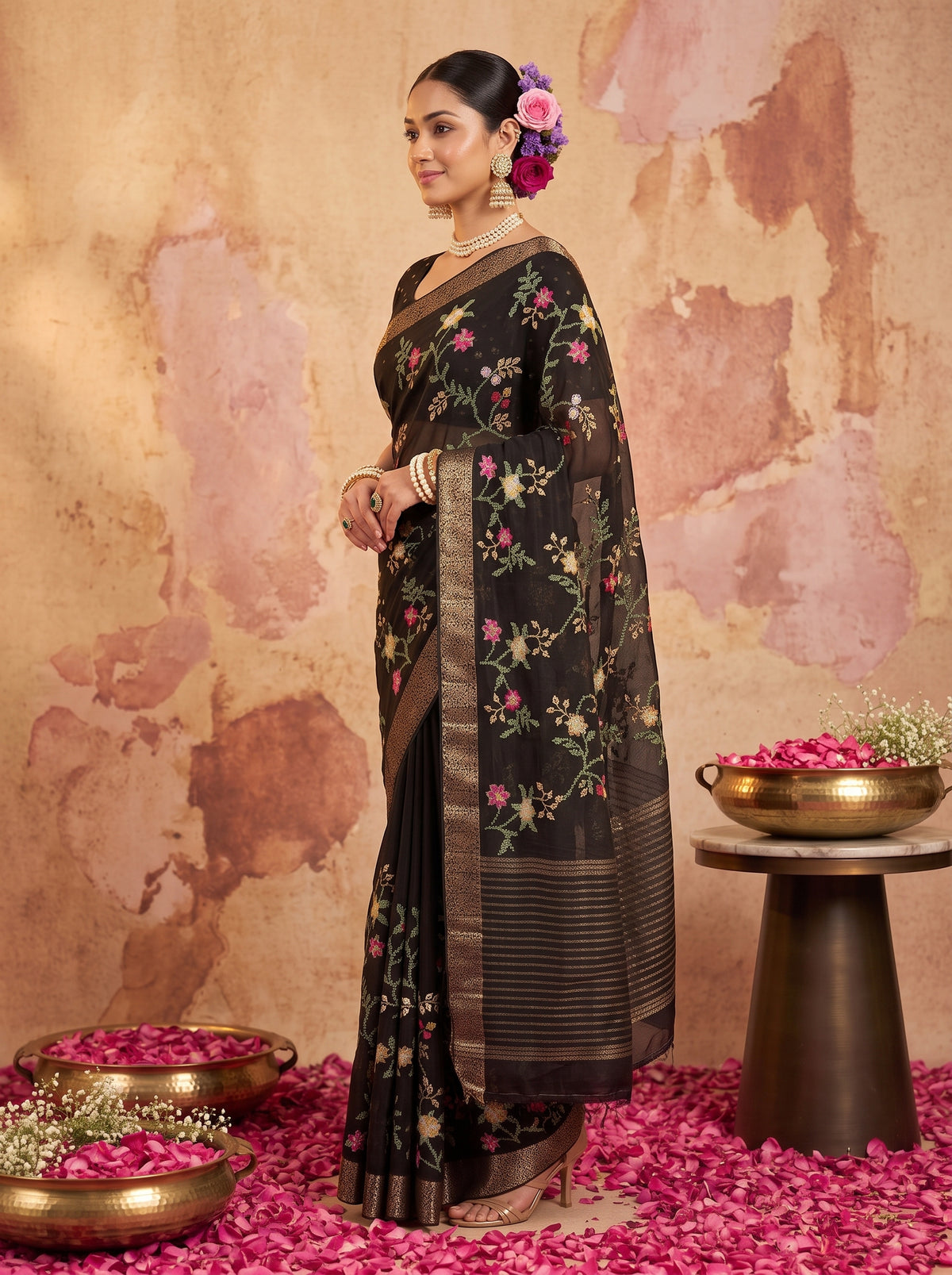 MIMOSA Black Jaipur Saree — pose 3 styling detail