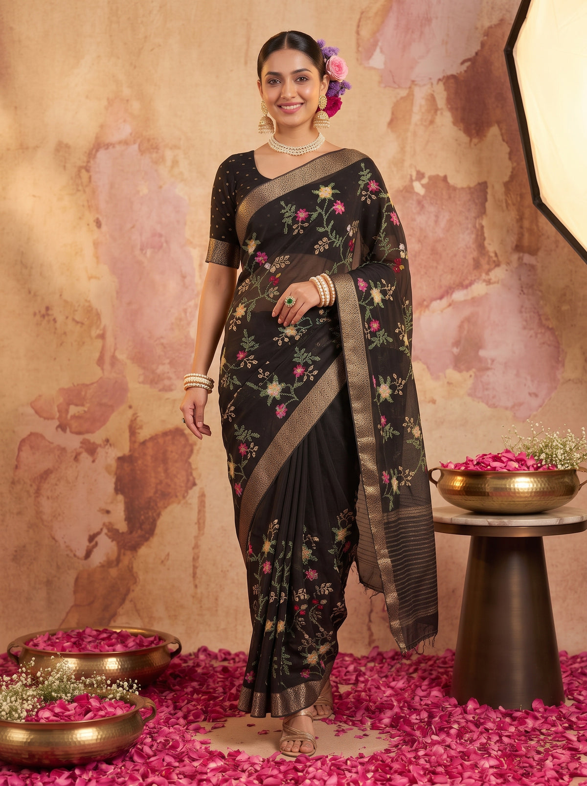 MIMOSA Black Jaipur Saree — pose 6 styling detail
