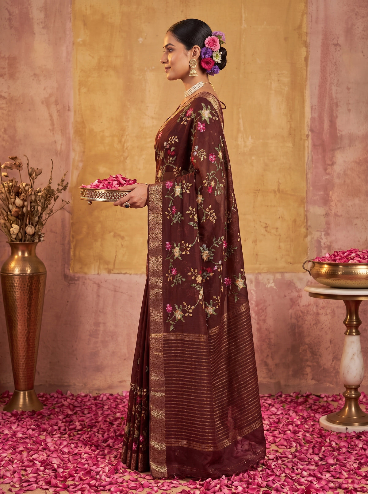 MIMOSA Chocolate Jaipur Saree — pose 3 styling detail