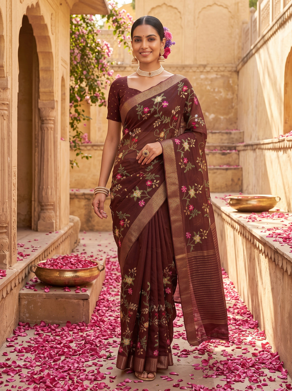 MIMOSA Chocolate Jaipur Saree — pose 6 styling detail
