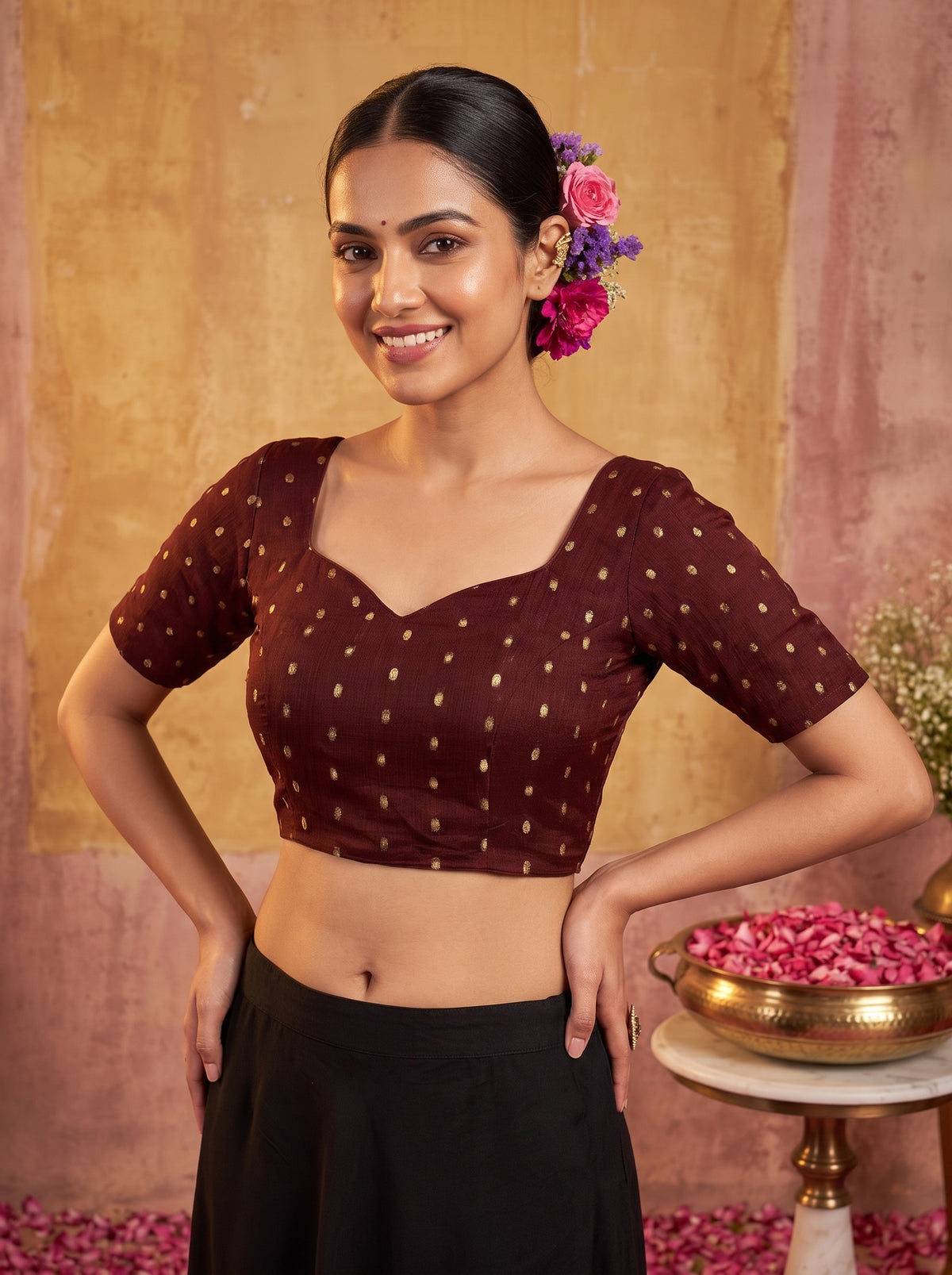 MIMOSA Chocolate Jaipur Saree — blouse close-up