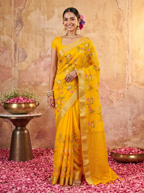 MIMOSA Gold Jaipur Pure Viscose Chiffon Saree — AI Model lifestyle