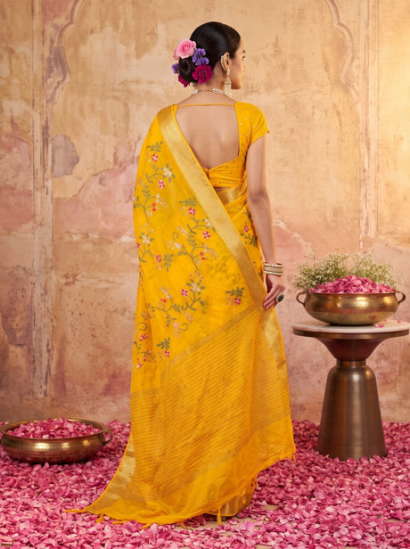 MIMOSA Gold Jaipur Pure Viscose Chiffon Saree — Saree shot pallu + body
