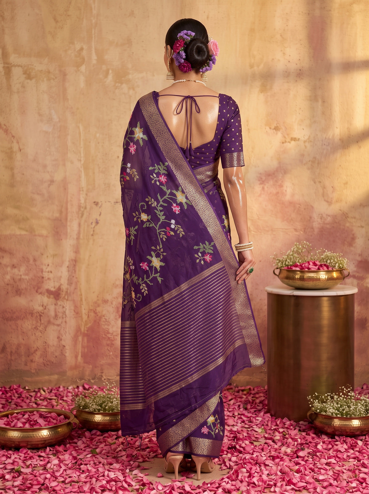 MIMOSA Jamun Jaipur Pure Viscose Chiffon Saree — Saree shot pallu + body