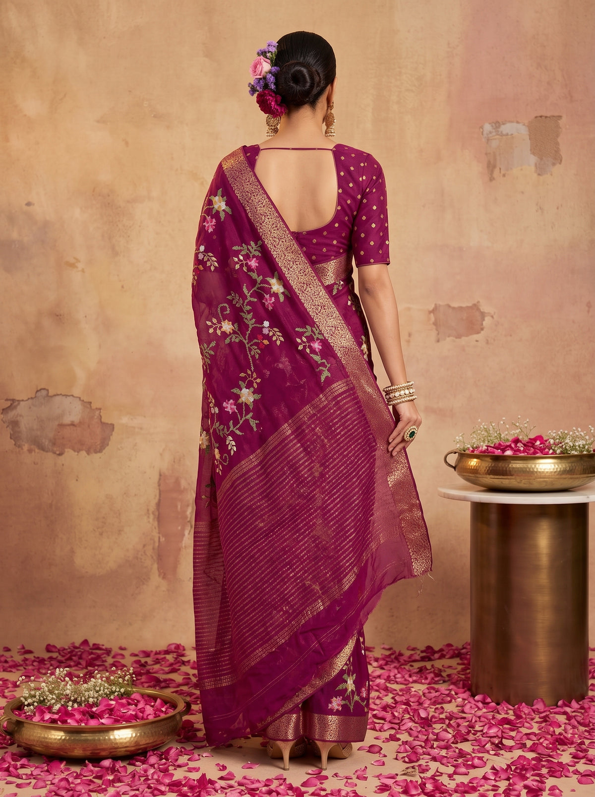 MIMOSA Magenta Jaipur Pure Viscose Chiffon Saree — Saree shot pallu + body