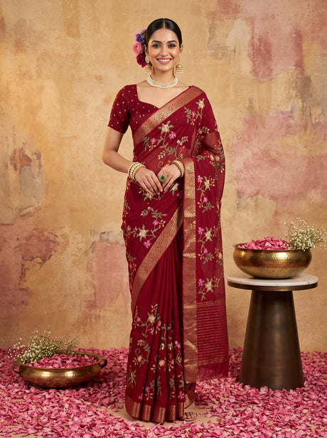 MIMOSA Maroon Jaipur Pure Viscose Chiffon Saree — AI Model lifestyle