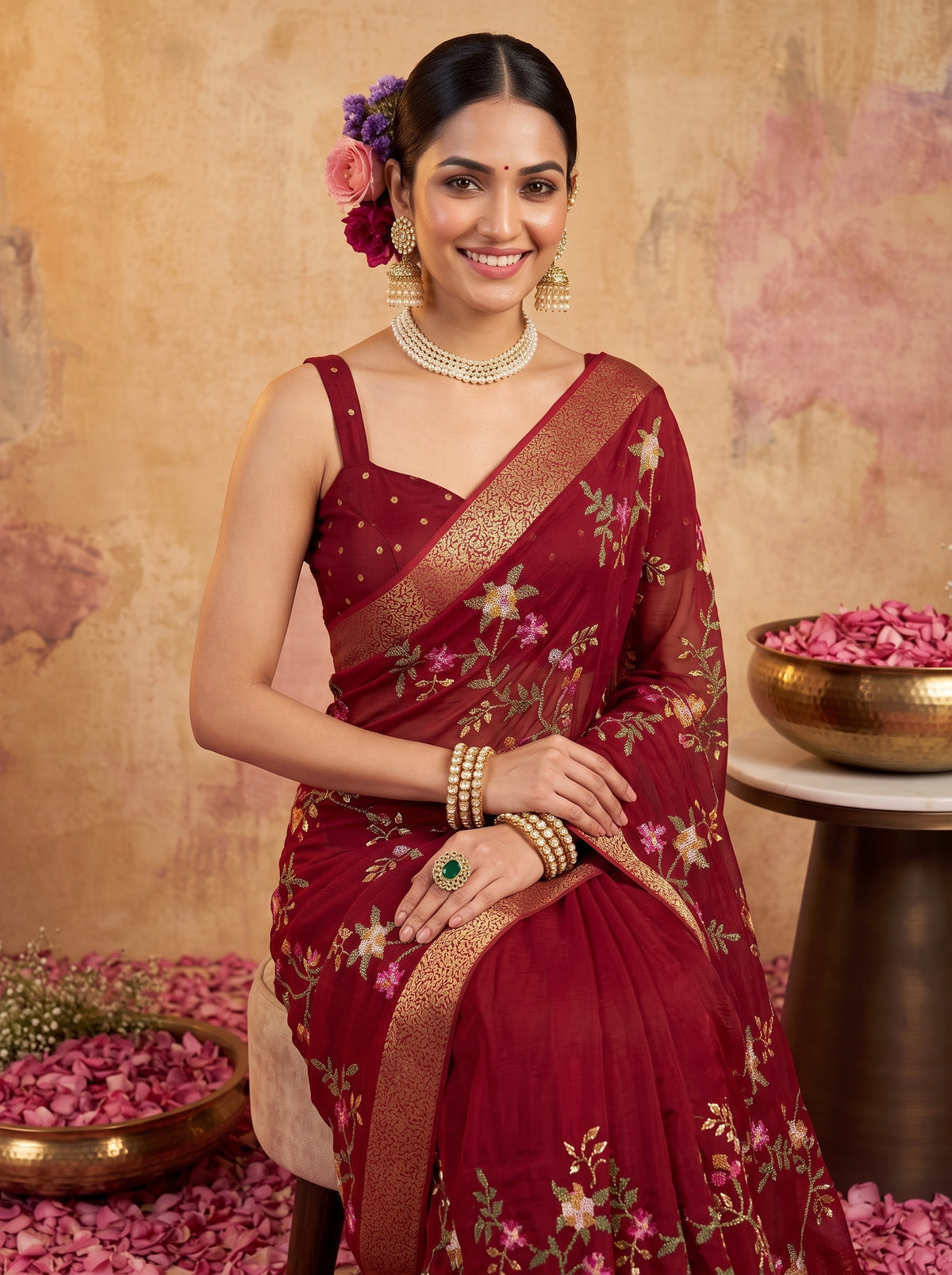 MIMOSA Maroon Jaipur Saree — pose 10 styling detail