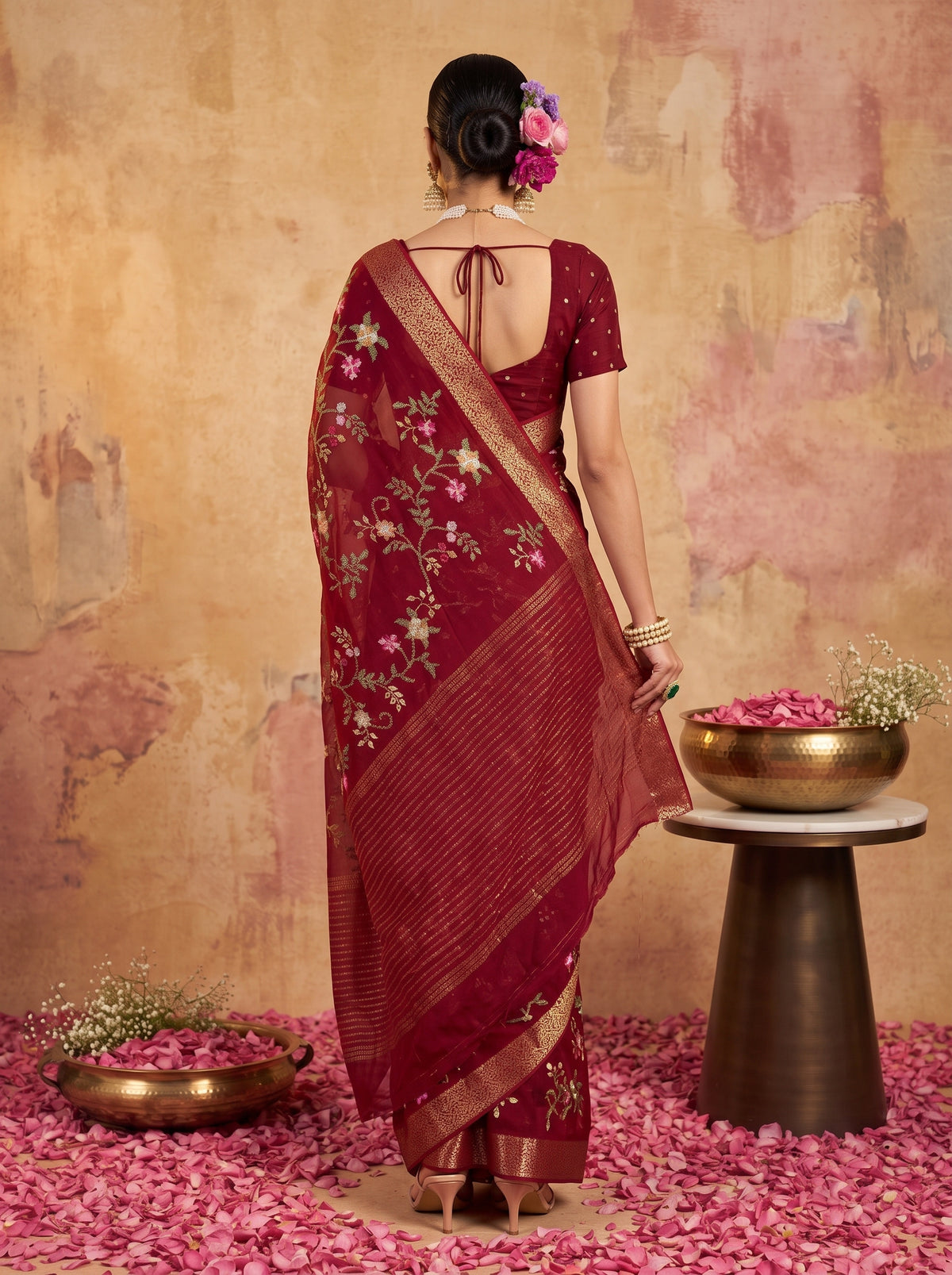 MIMOSA Maroon Jaipur Pure Viscose Chiffon Saree — Saree shot pallu + body