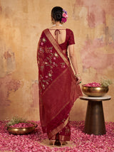 MIMOSA Maroon Jaipur Pure Viscose Chiffon Saree — Saree shot pallu + body