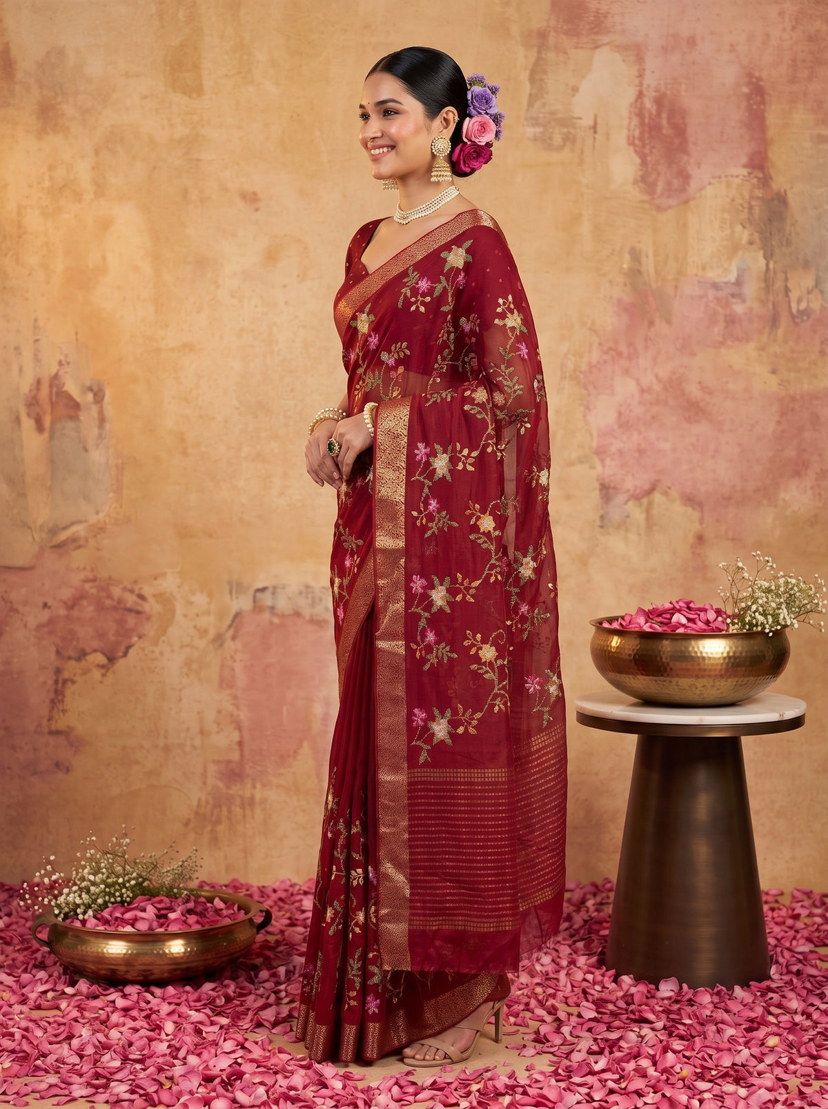 MIMOSA Maroon Jaipur Saree — pose 3 styling detail