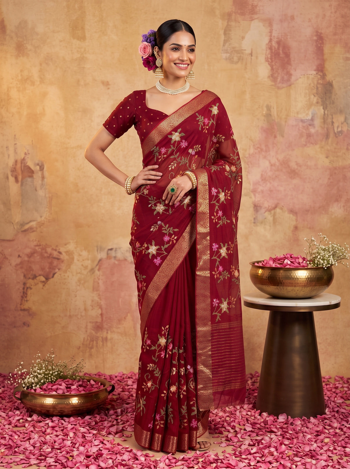 MIMOSA Maroon Jaipur Saree — pose 4 styling detail