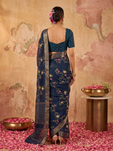 MIMOSA Navy Jaipur Pure Viscose Chiffon Saree — Saree shot pallu + body